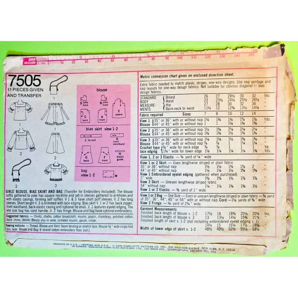VTG 1976 Simplicity Sewing Pattern Girls Blouse Bias Skirt & Bag Size 10 #7505